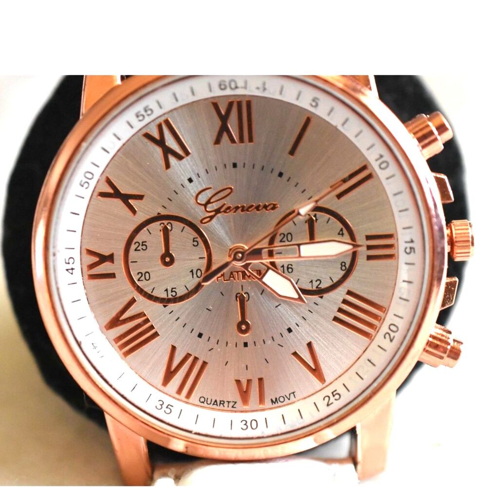 Geneva Platinum Rose Gold White Faux Leather Band New Battery Watch